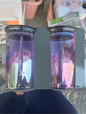 NWT! Iridescent Purple Double Acrylic Tumbler Set with Straws